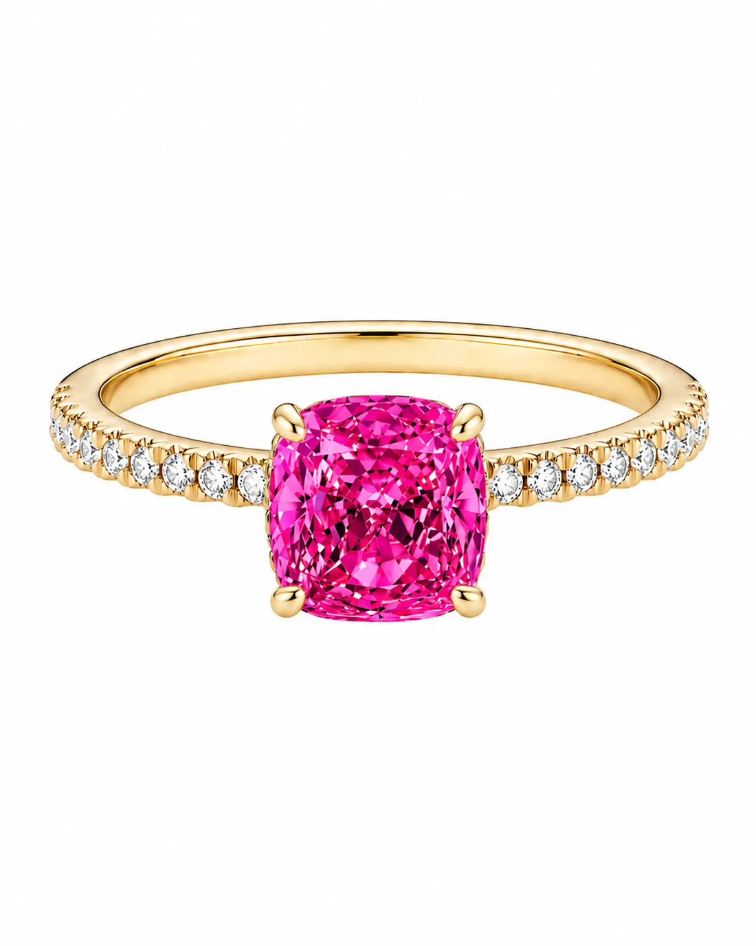 Cushion-cut pink sapphire on a yellow gold pavé band